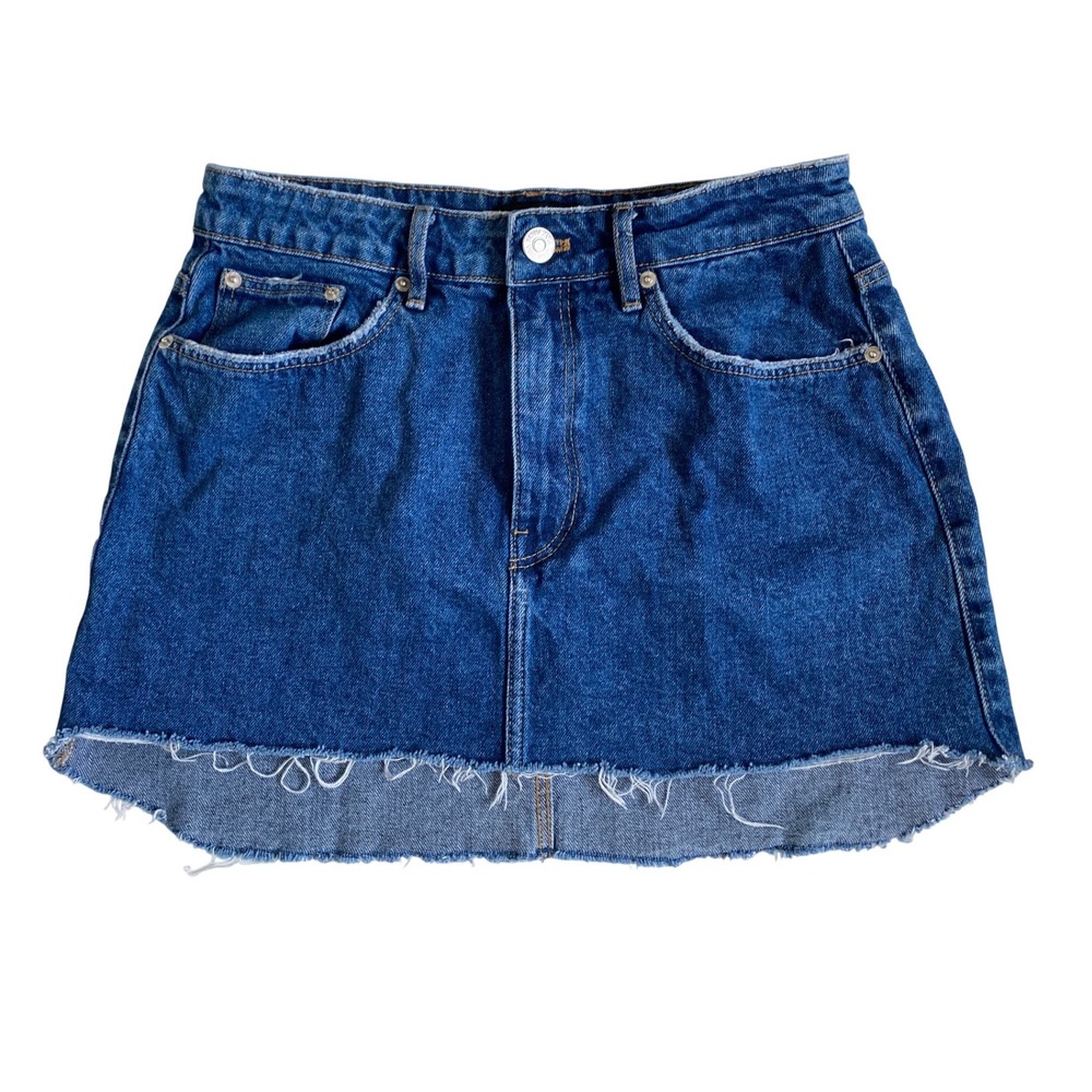 Zara Blue Denim Mini Skirt Raw Hem High Waisted Medium Wash Size 28/M